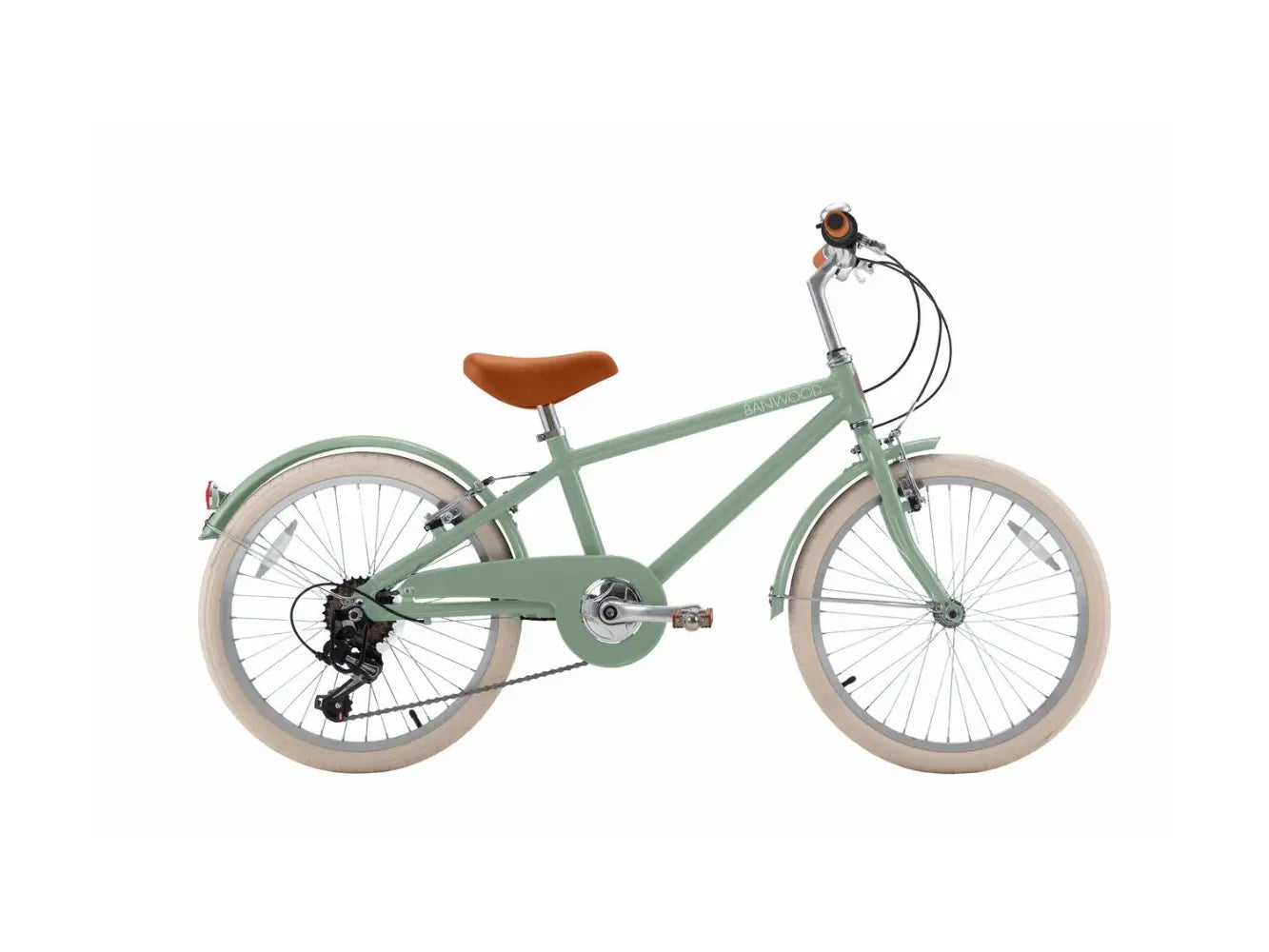 Green 20 inch bicycle with a brown seat on a white background