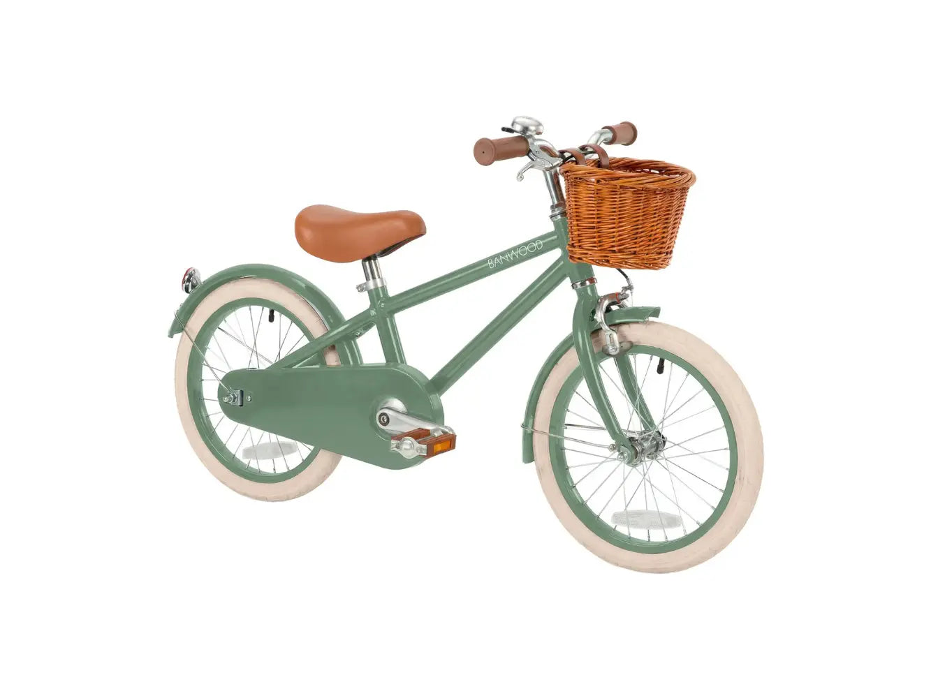 Green children's bicycle with a brown basket on a white background