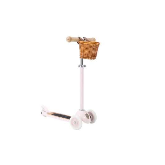 Pink three wheeled Banwood scooter set at an angle on a white background
