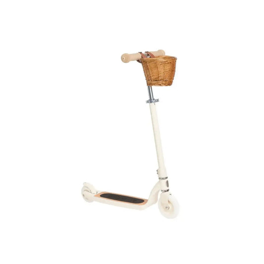 Cream two wheel scooter with a wicker basket on a white background