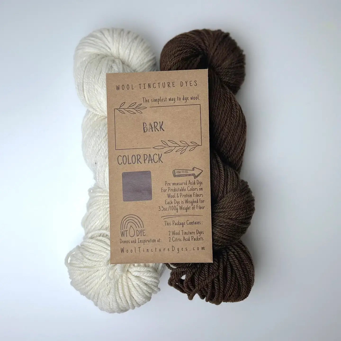 Bark Wool Tincture tea bag dye color pack with undyed yarn and earthy brown sample color.