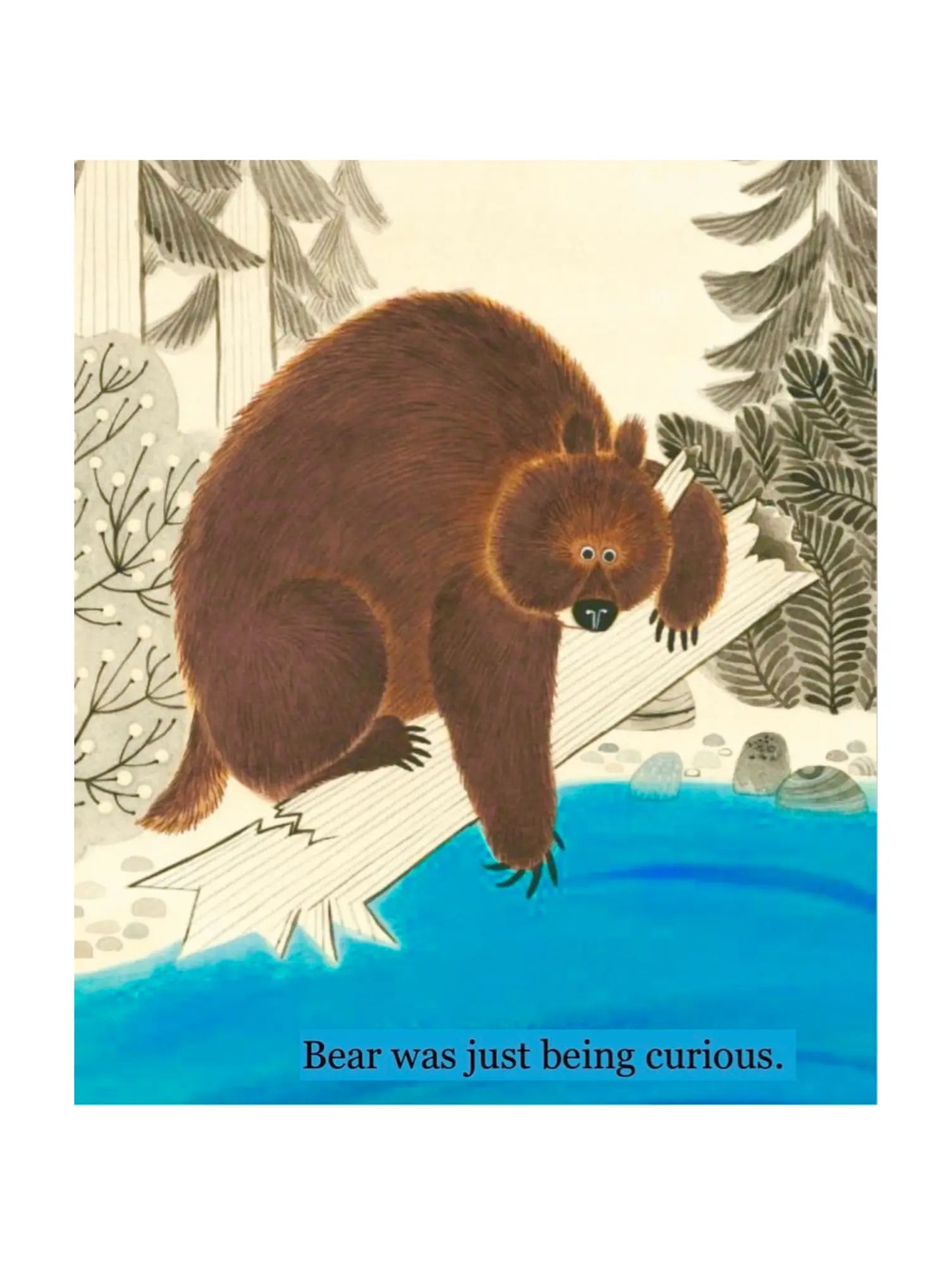 Illustration of a bear on a fallen tree reaching into water with text "Bear was just being curious"