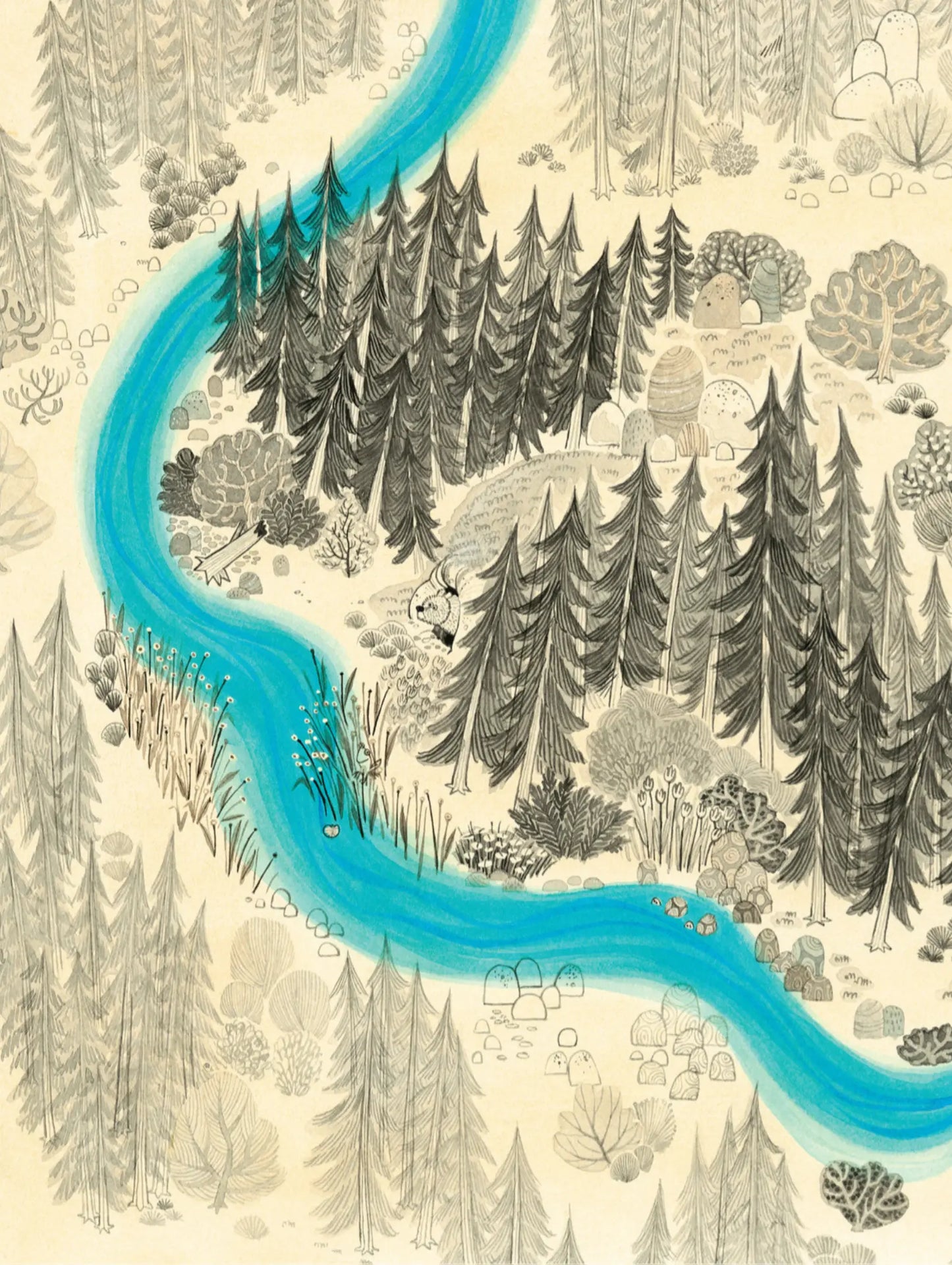 Illustration of a river meandering through a forest landscape