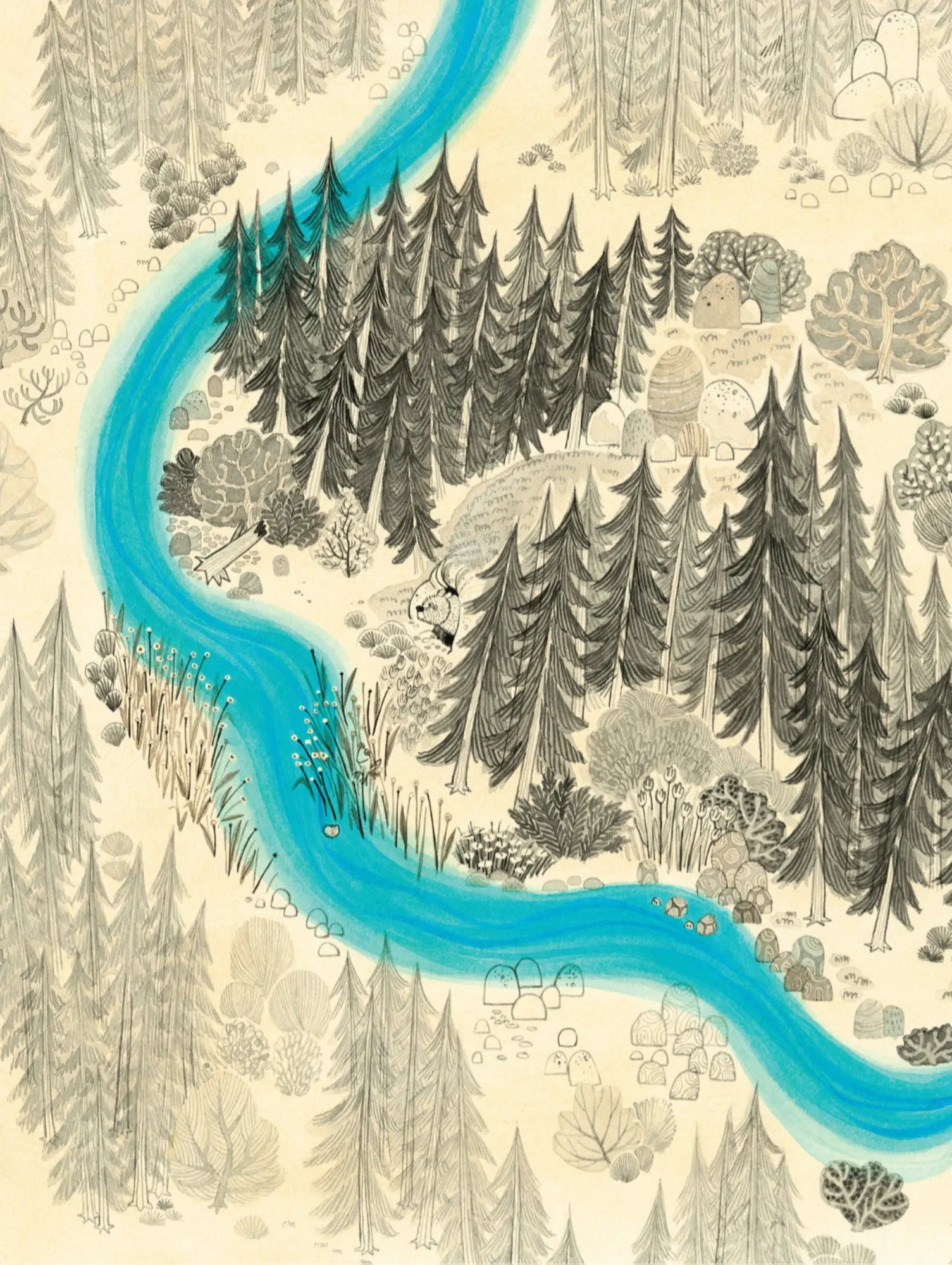 Illustration of a river meandering through a forest landscape