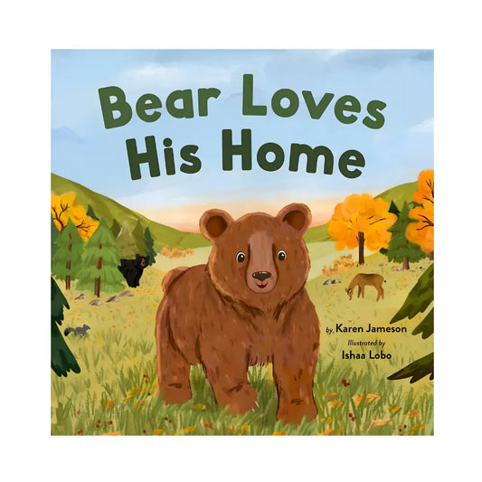 Book cover of 'Bear Loves His Home' with a bear illustration and forest background.