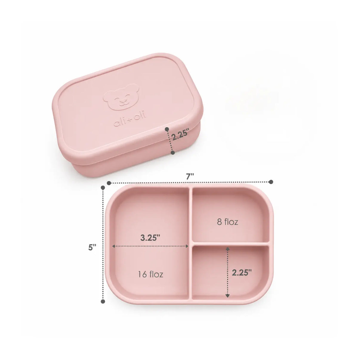 Silicone bento box dimensions and three-compartment layout in pink.
