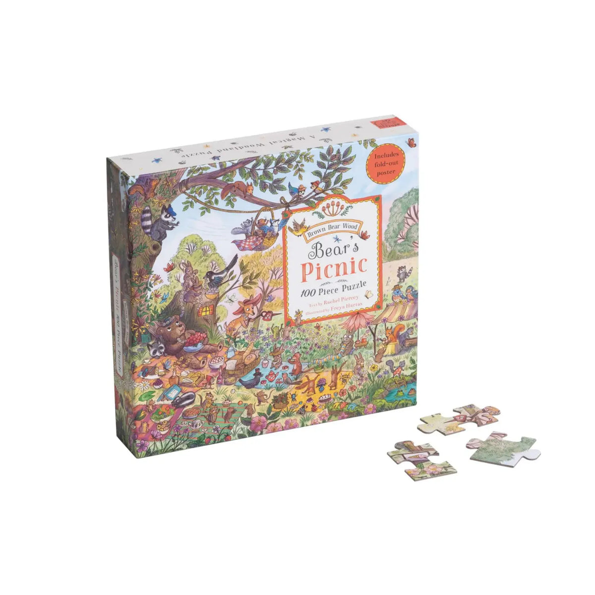 Bear's Picnic puzzle box with a few loose jigsaw pieces beside it.