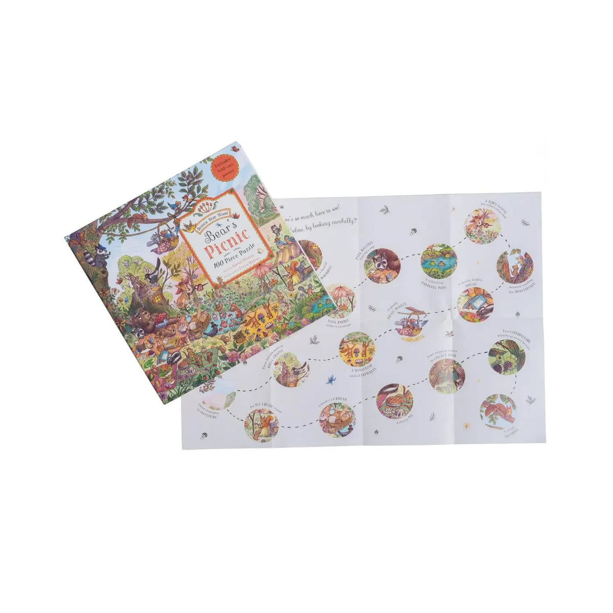 Bear's Picnic puzzle box beside the unfolded poster showing the 20 things to spot in the scene.
