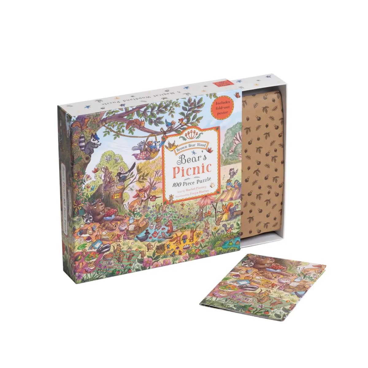 Open Bear's Picnic puzzle box showing the printed inner tray and folded poster.