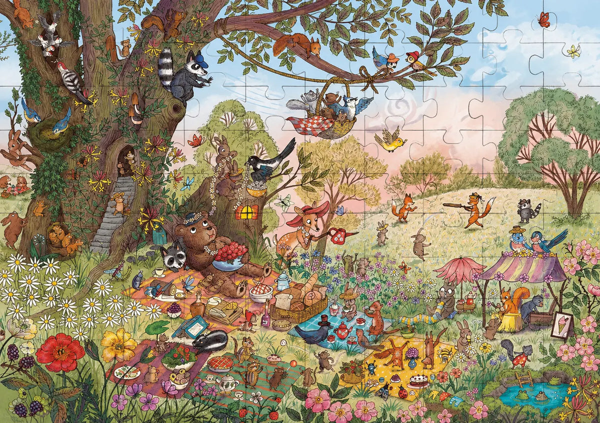 Completed Bear's Picnic jigsaw puzzle showing Bear and woodland friends picnicking.