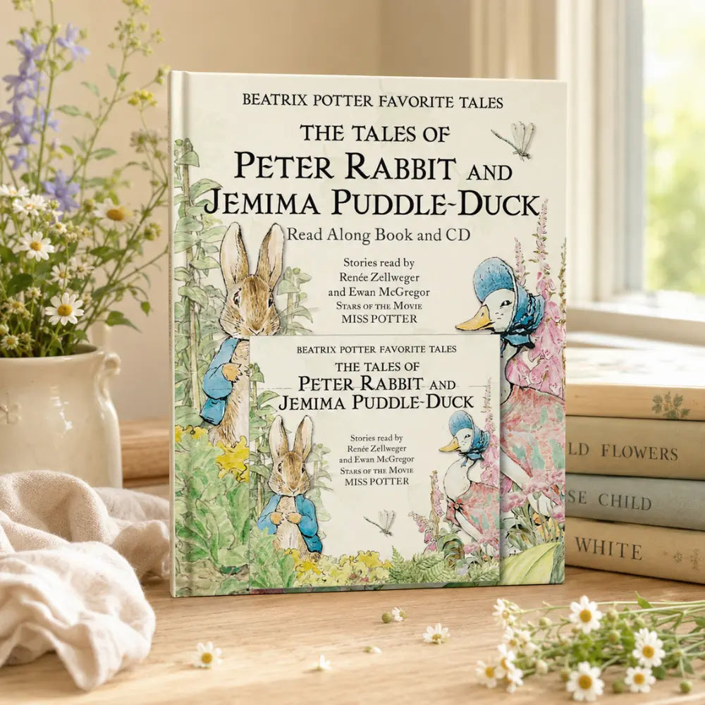 Book titled 'The Tales of Peter Rabbit and Jemima Puddle-Duck' by Beatrix Potter on a wooden surface with flowers and books in the background.