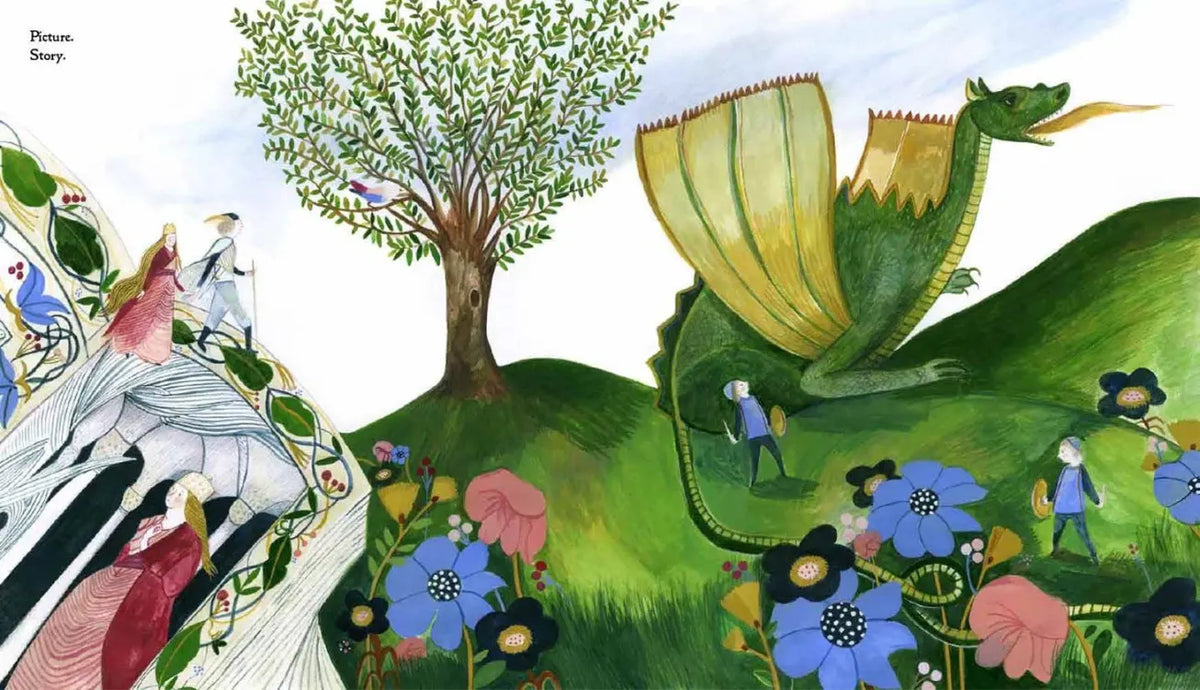 Illustrated spread showing people, a tree, flowers, and nature-inspired decorative design