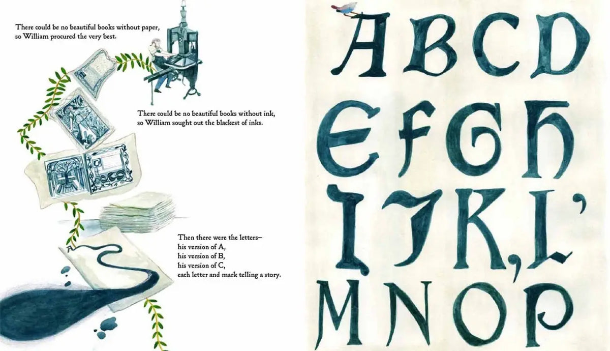 William Morris books and decorative lettering illustrated in Beautiful Useful Things