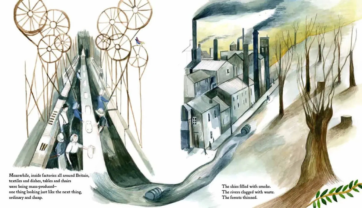 Illustration of industrial machinery and a factory town from Beautiful Useful Things