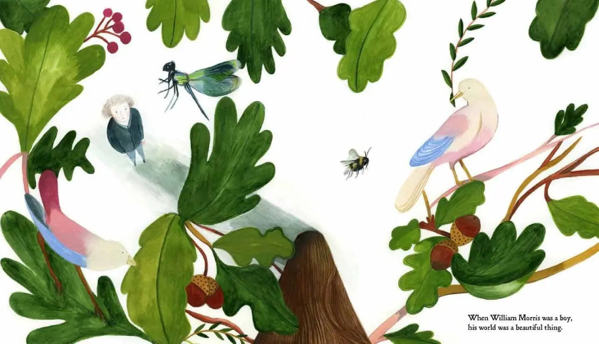 Nature-inspired illustration with oak leaves, acorns, birds, and insects from Beautiful Useful Things