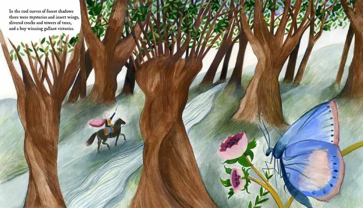Illustrated English woodland scene with trees, flowers, a butterfly, and rider from Beautiful Useful Things