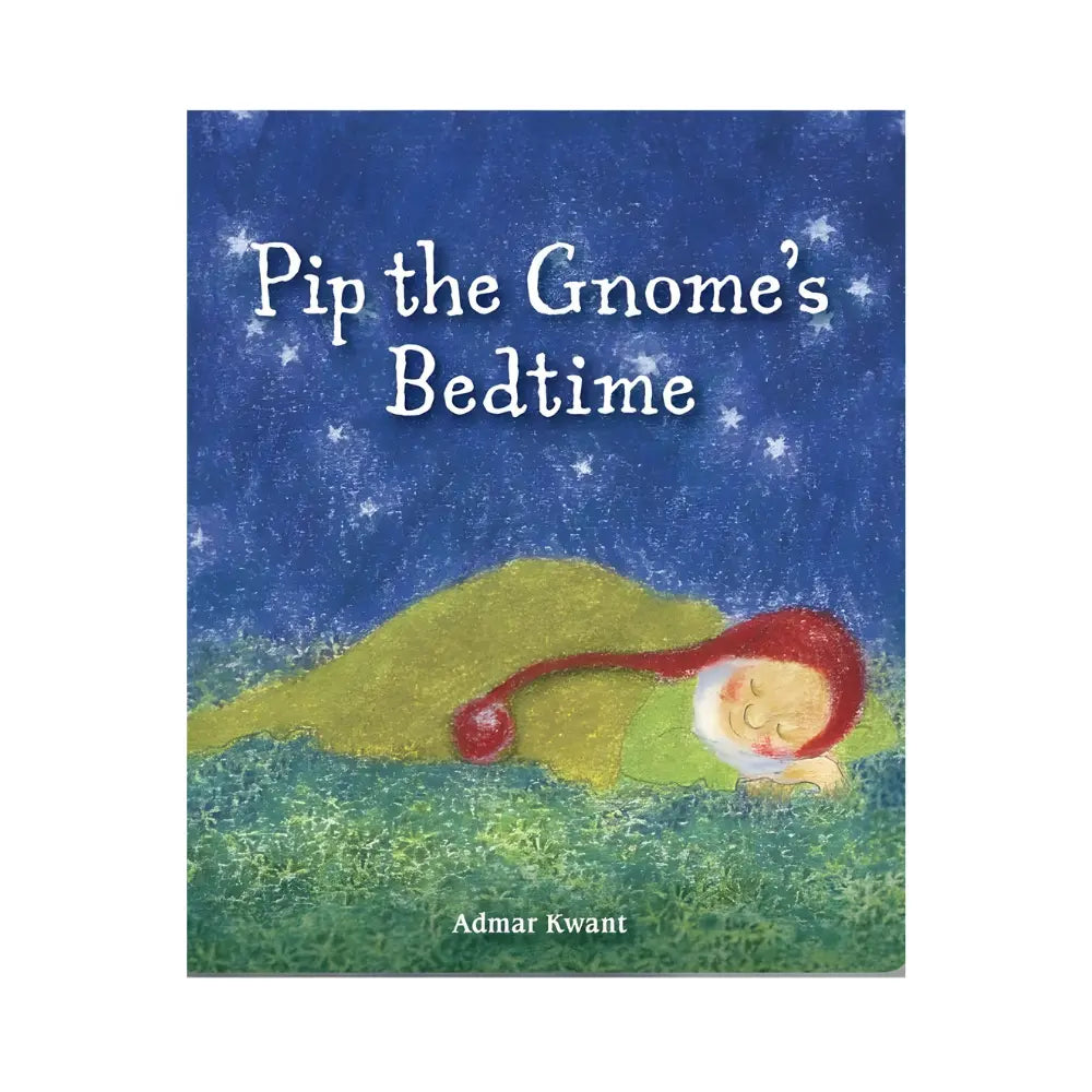 Book cover of 'Pip the Gnome's Bedtime' with a gnome sleeping on grass under a starry sky.