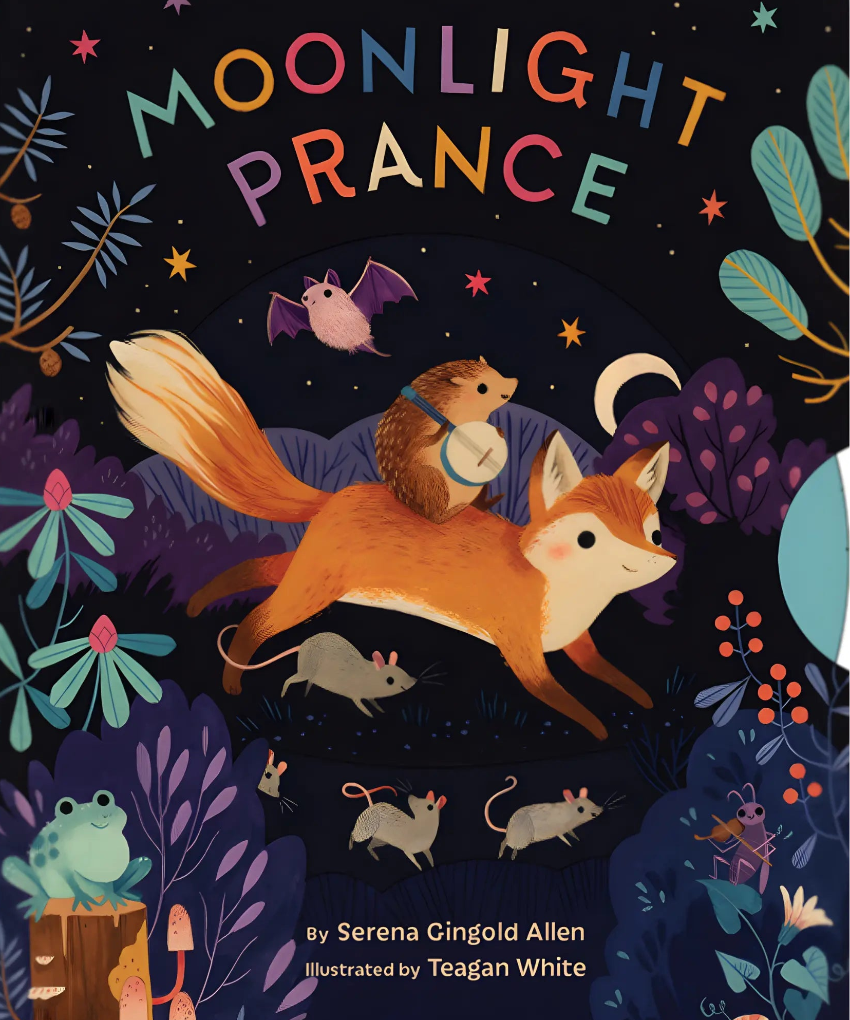 Book cover of 'Moonlight Prance' with fox, mouse, and bat illustrations on a dark background.