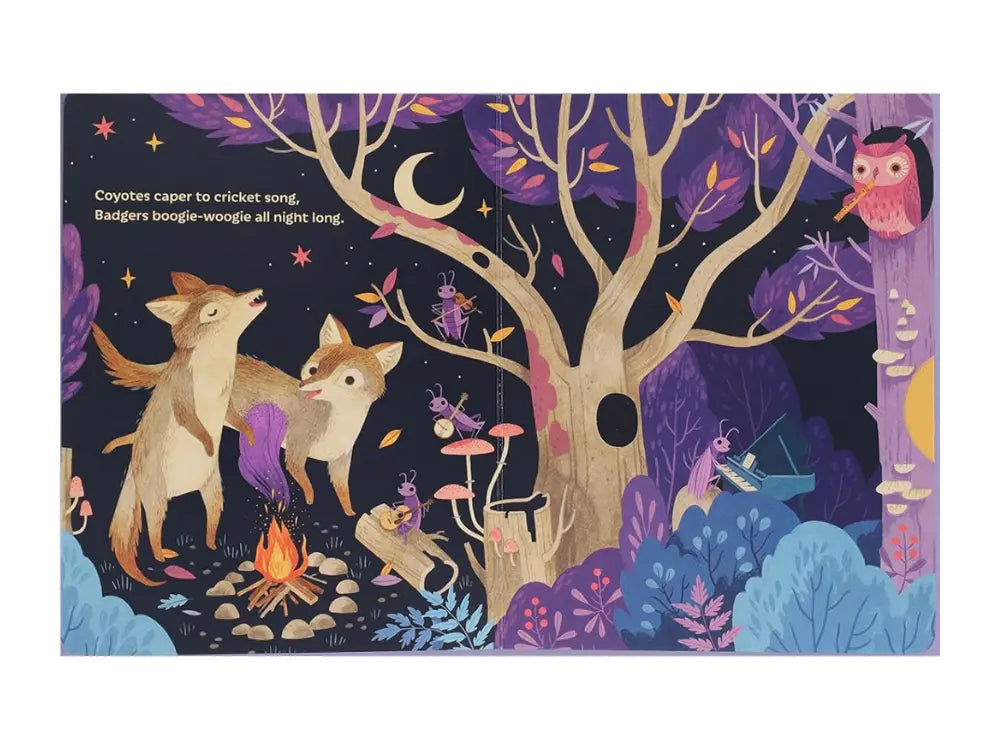 Illustration of animals around a campfire in a forest at night