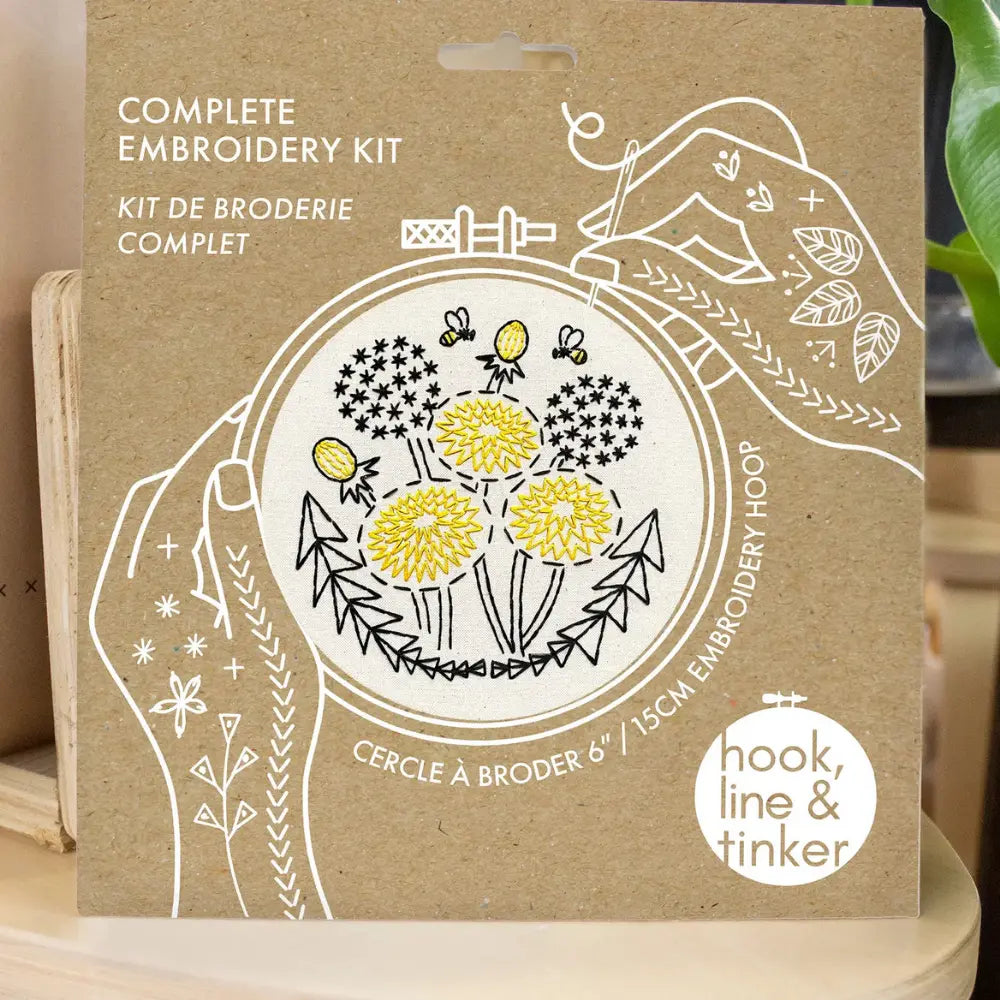 Bee Kind beginner embroidery kit packaging with dandelion design and bamboo hoop