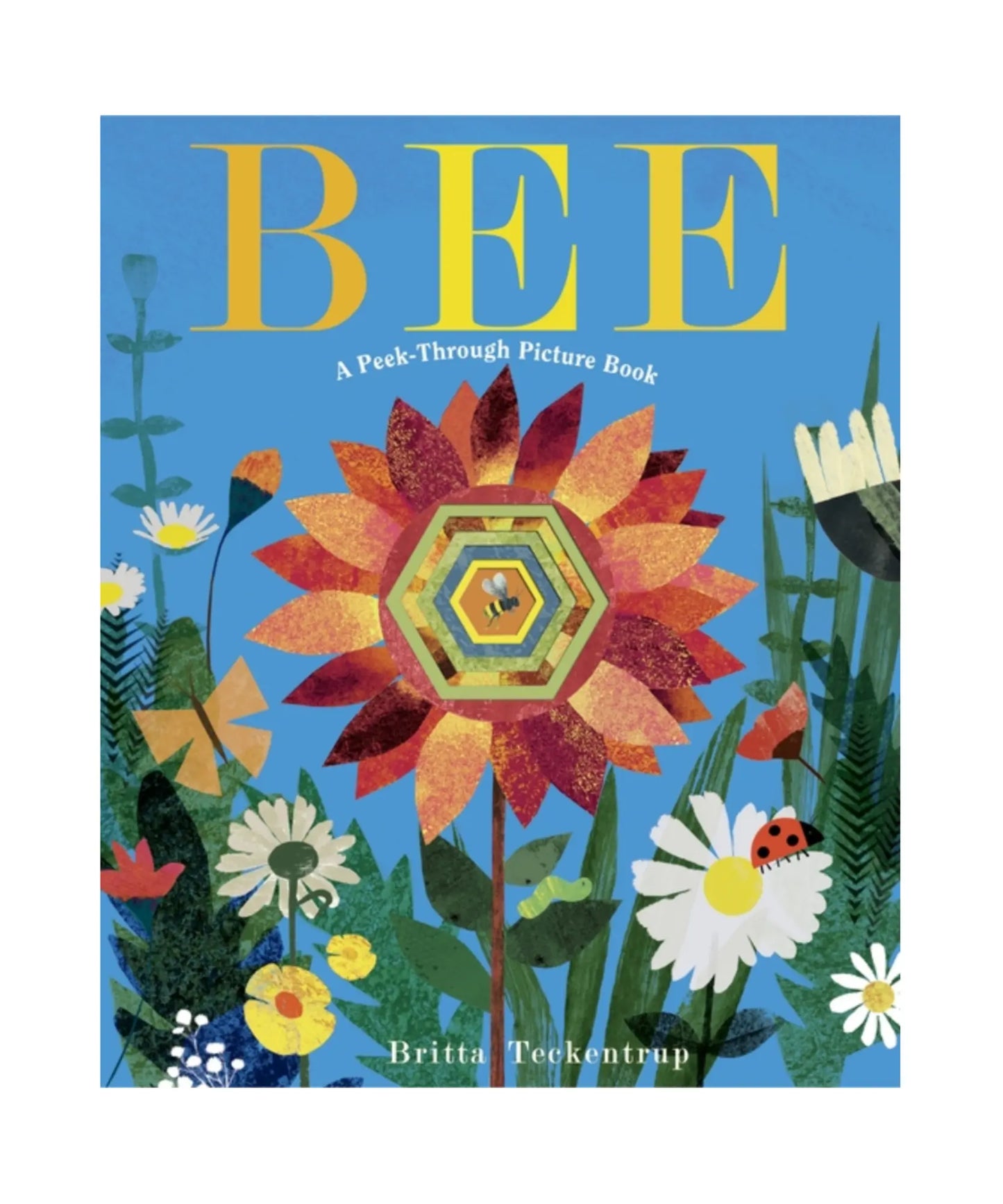 Book cover of 'BEE' with colorful flowers and a bee on a blue background