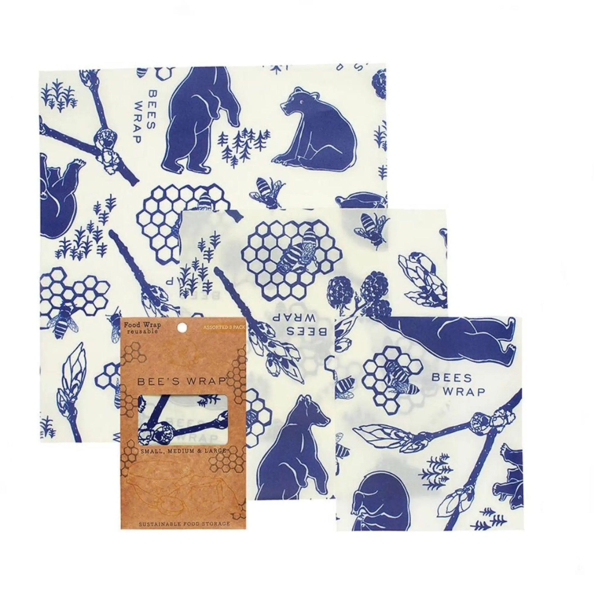 Beeswax wraps with bear and honeycomb pattern on a white background