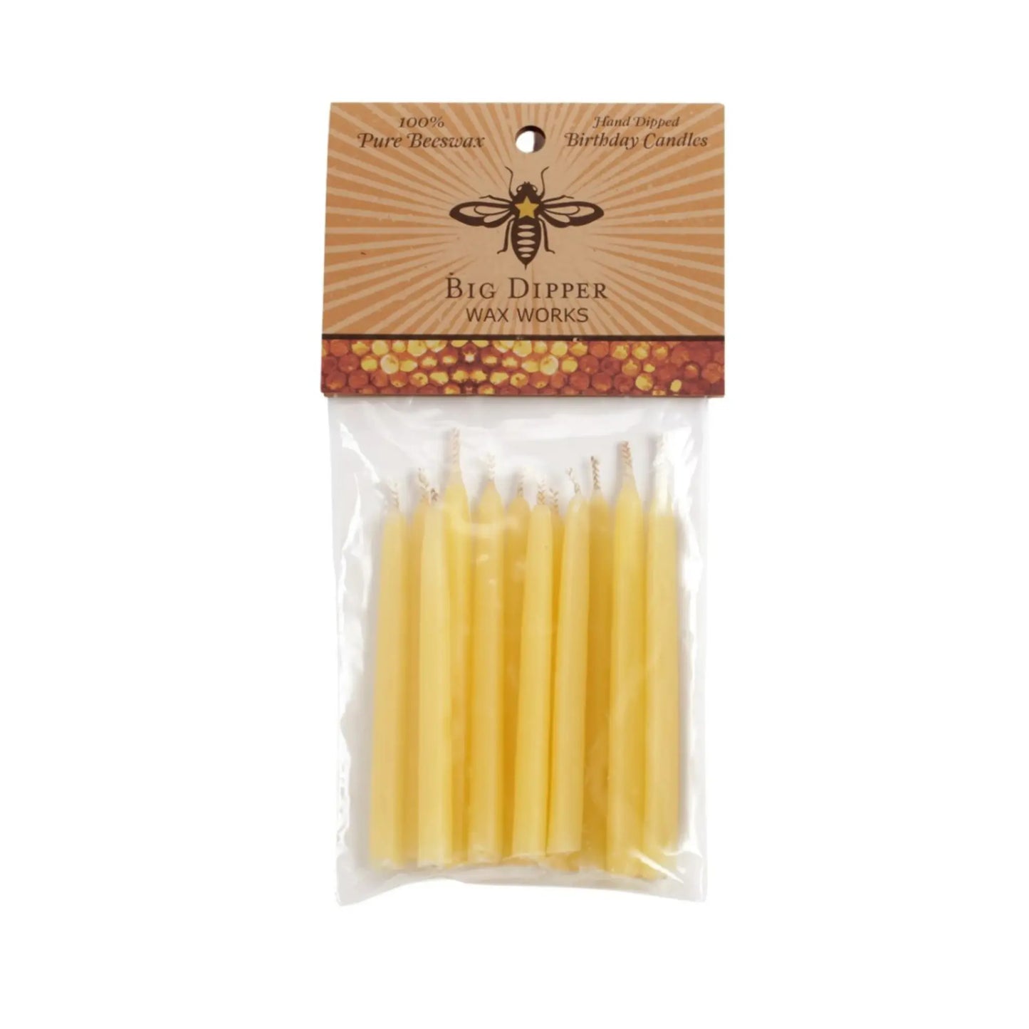 Pack of beeswax candles with Big Dipper Wax Works packaging on a white background