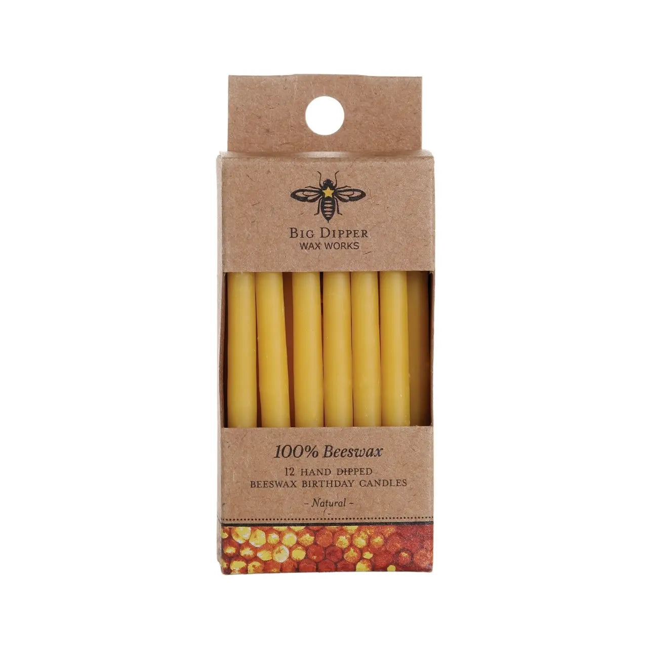 Pack of 12 hand-dipped beeswax birthday candles by Big Dipper Wax Works on a white background.