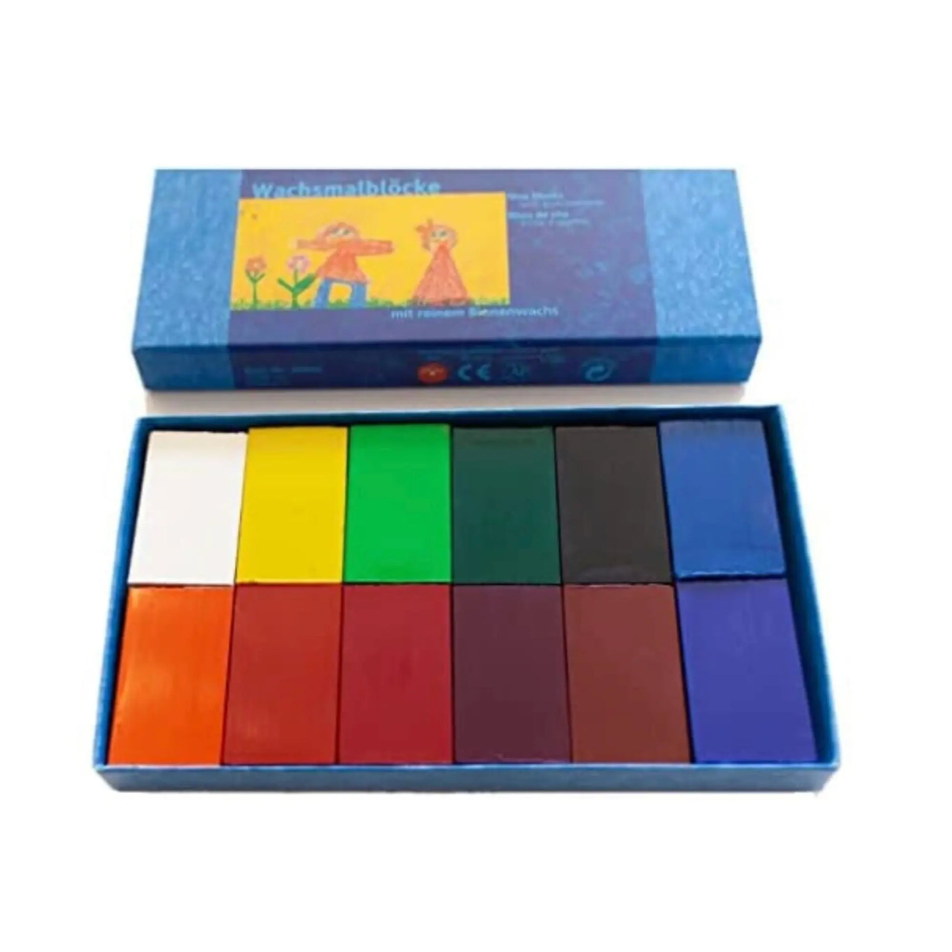 close up of Stockmar beeswax block crayons in tin showing color arrangement