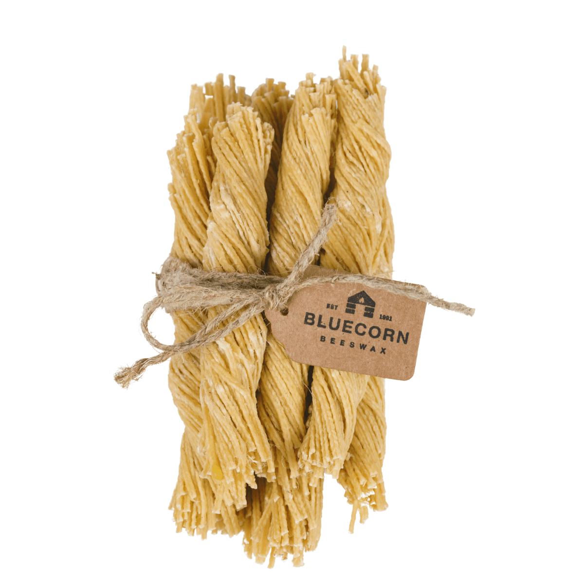 Bundled beeswax fire starters with a Bluecorn label on a white background
