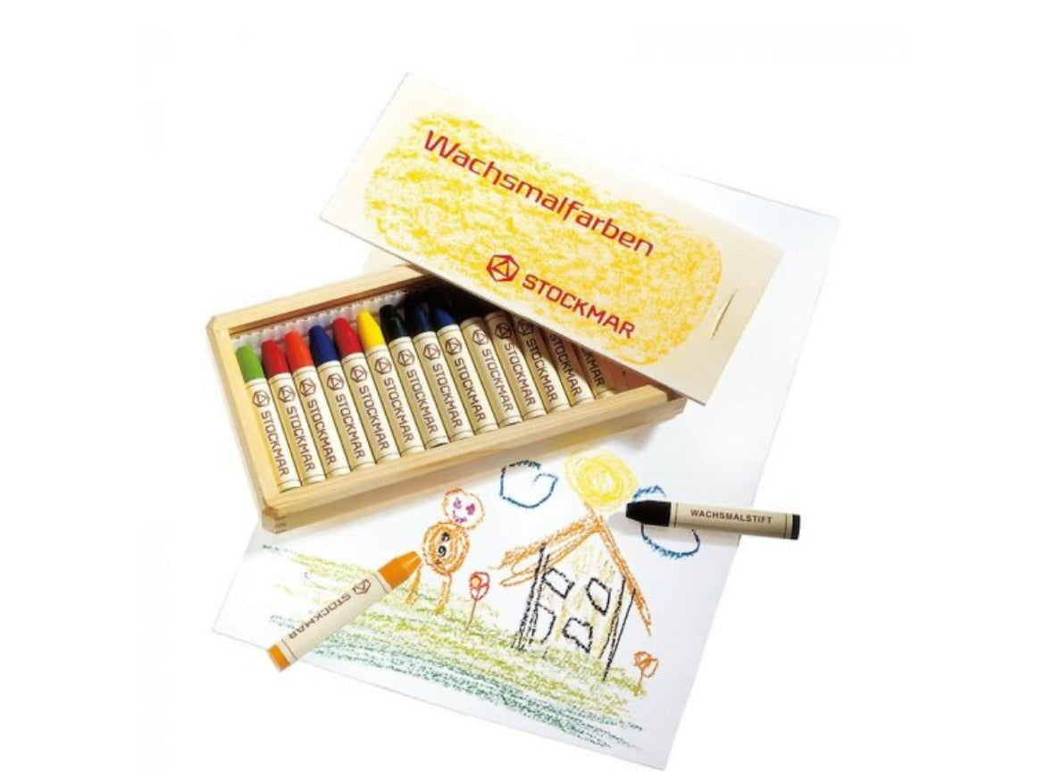 Stockmar beeswax stick crayons 24 count set in wooden box with drawing tools