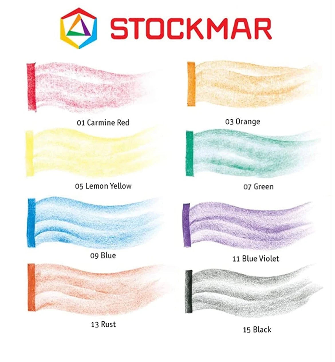 Stockmar beeswax stick crayons 8 color swatch showing standard palette colors