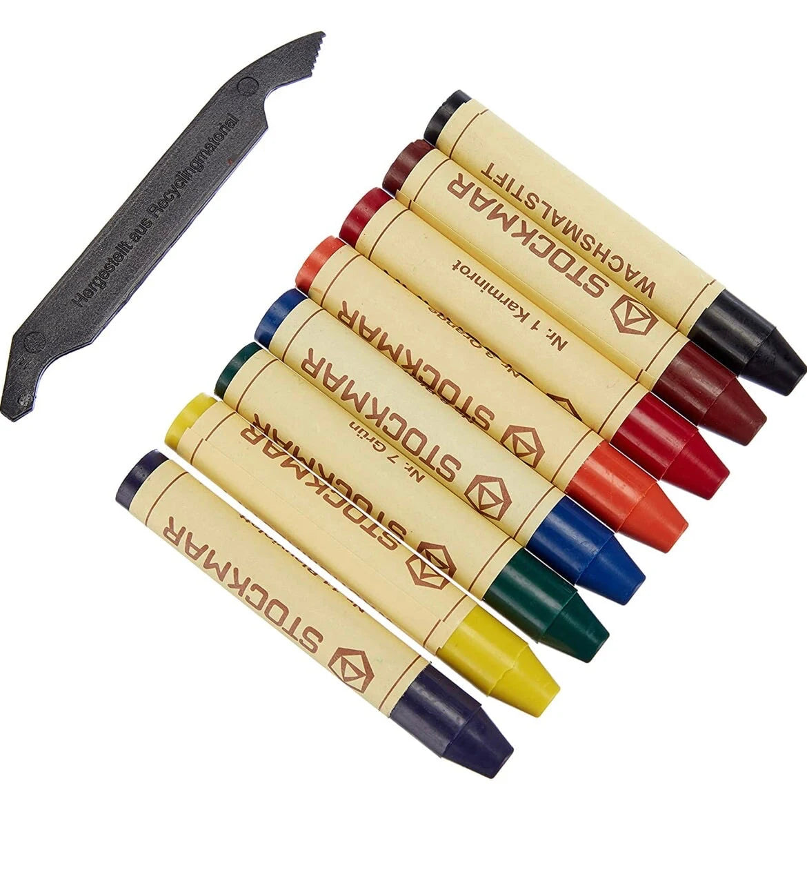 Stockmar beeswax stick crayons set of 8 arranged side by side showing full color range