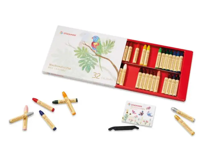 Stockmar beeswax stick crayons color chart comparing 12, 16, and 24 count sets
