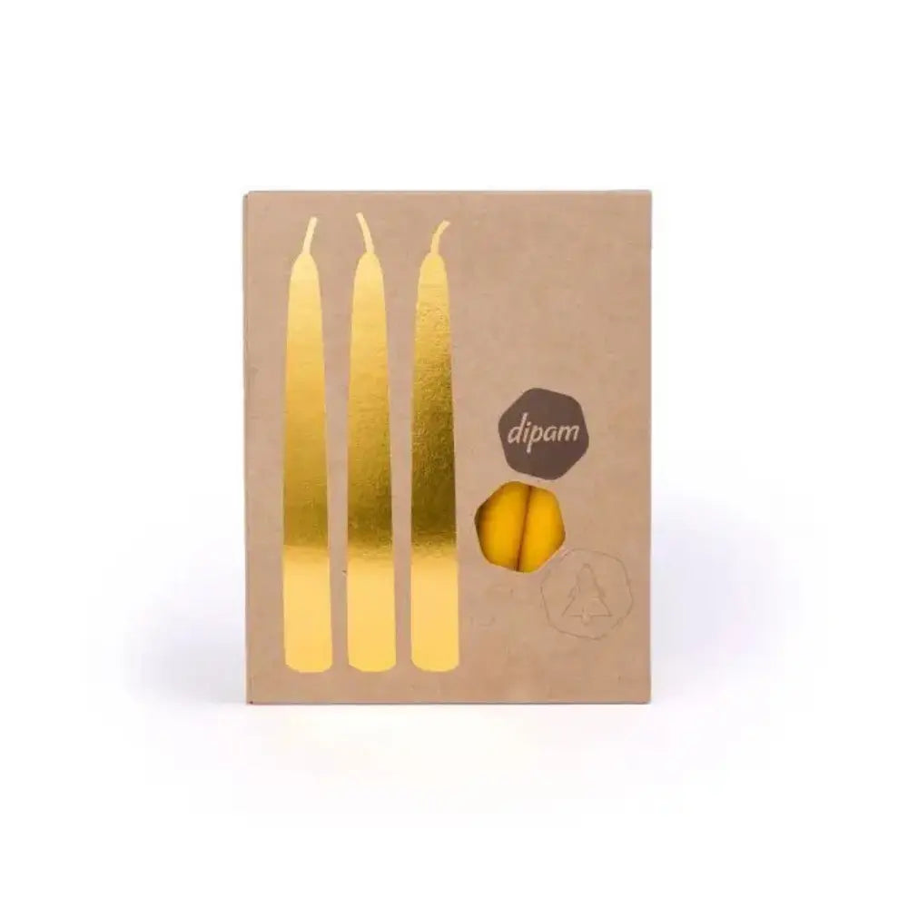 Kraft paper packaging with gold candles and 'dipam' branding on a white background