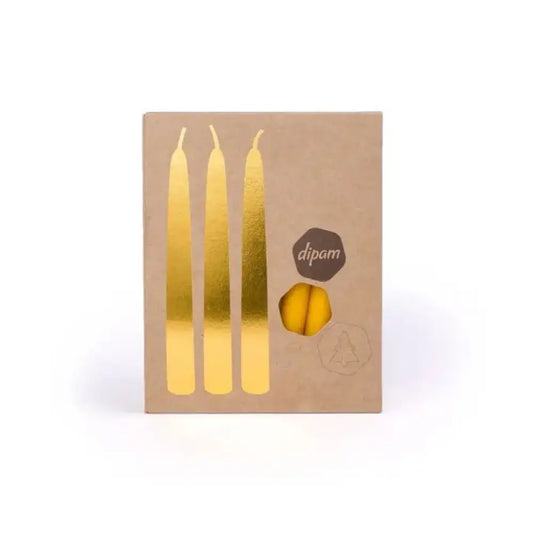 Kraft paper packaging with gold candles and 'dipam' branding on a white background