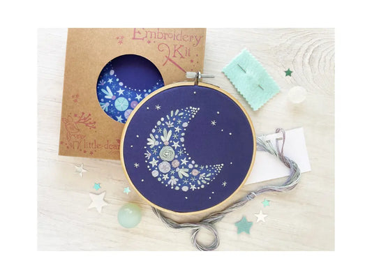 crescent moon beginner embroidery kit with finished hoop and materials included