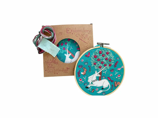 unicorn garden beginner embroidery kit with finished hoop and materials included