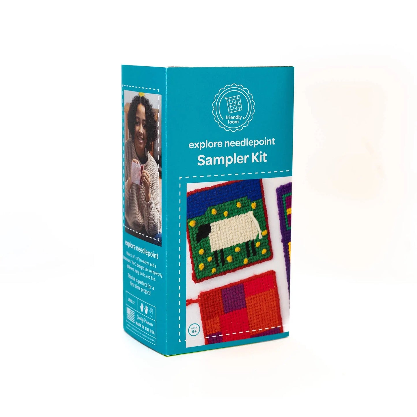 Beginner needlepoint sampler kit for kids with wool yarn projects for mug rugs and a bookmark