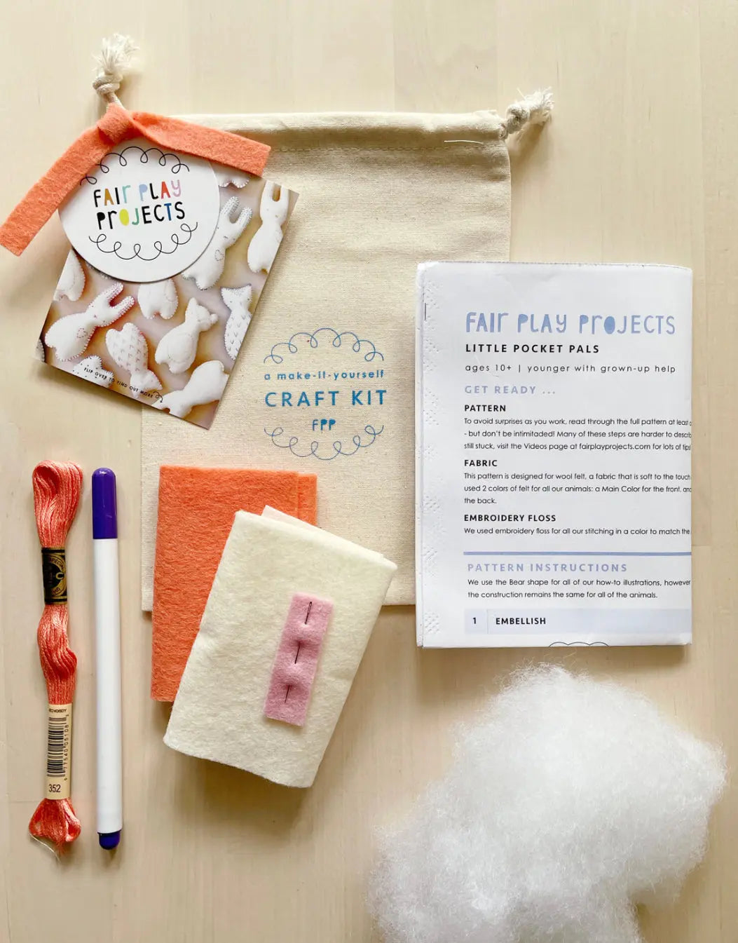 Fair Play Project Craft kit with materials and instructions on a beige background
