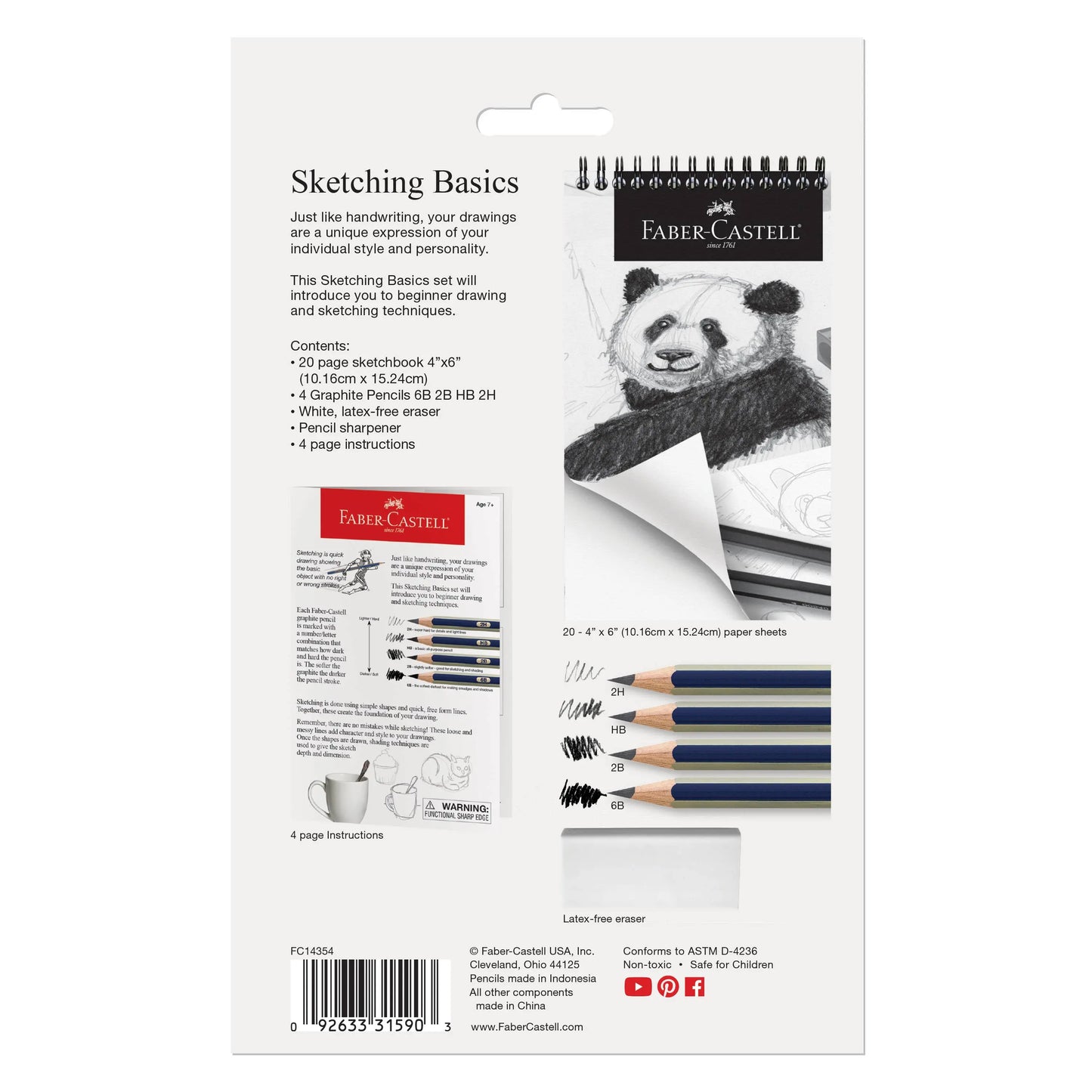 back of beginner sketching pencil set packaging with product details