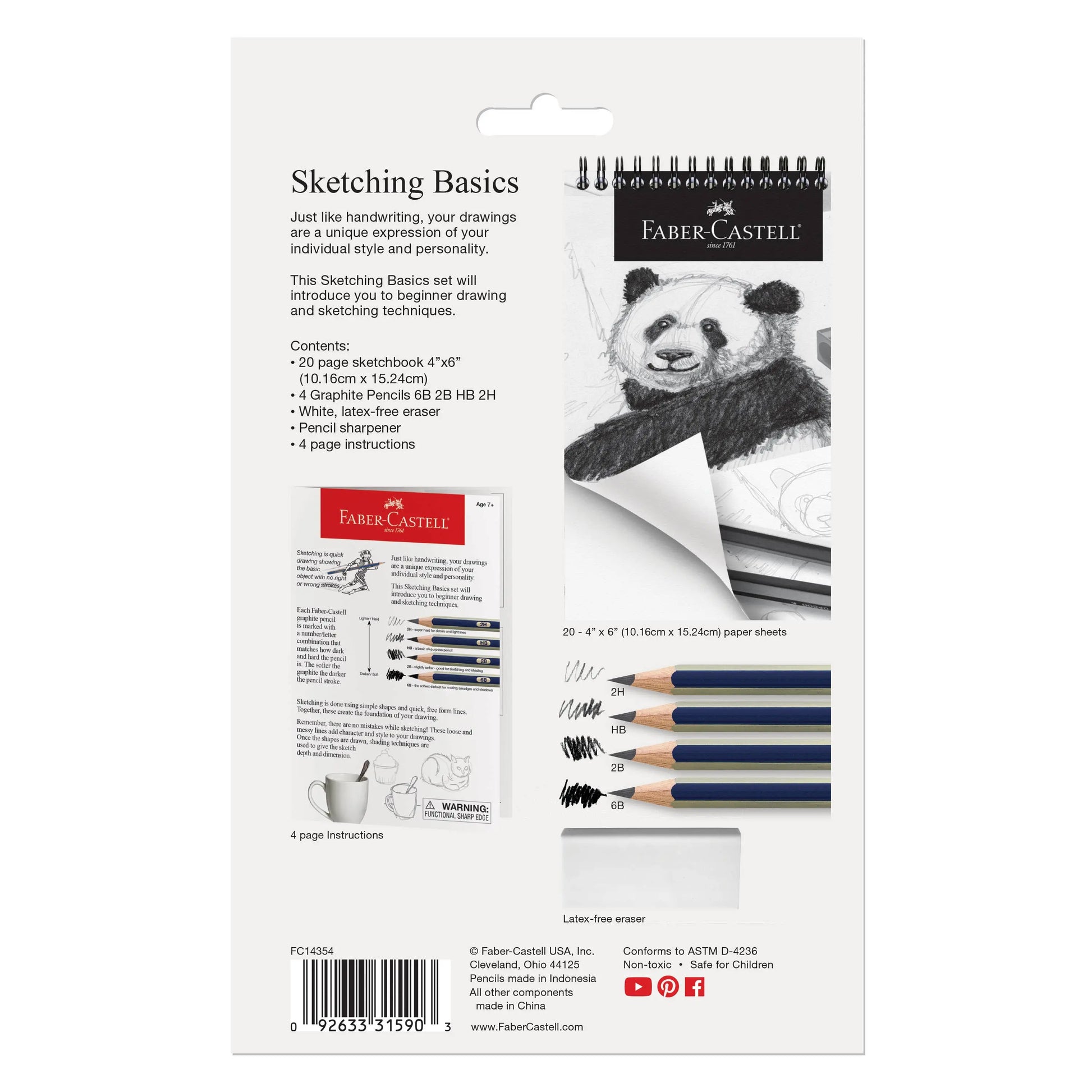 back of beginner sketching pencil set packaging with product details