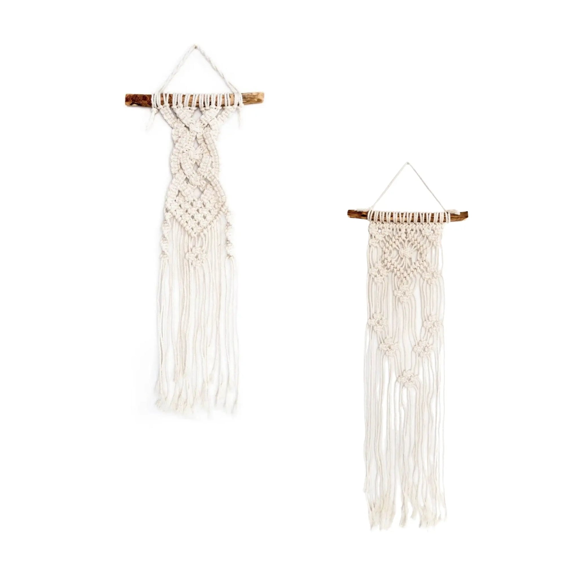 Two macrame wall hangings on a white background