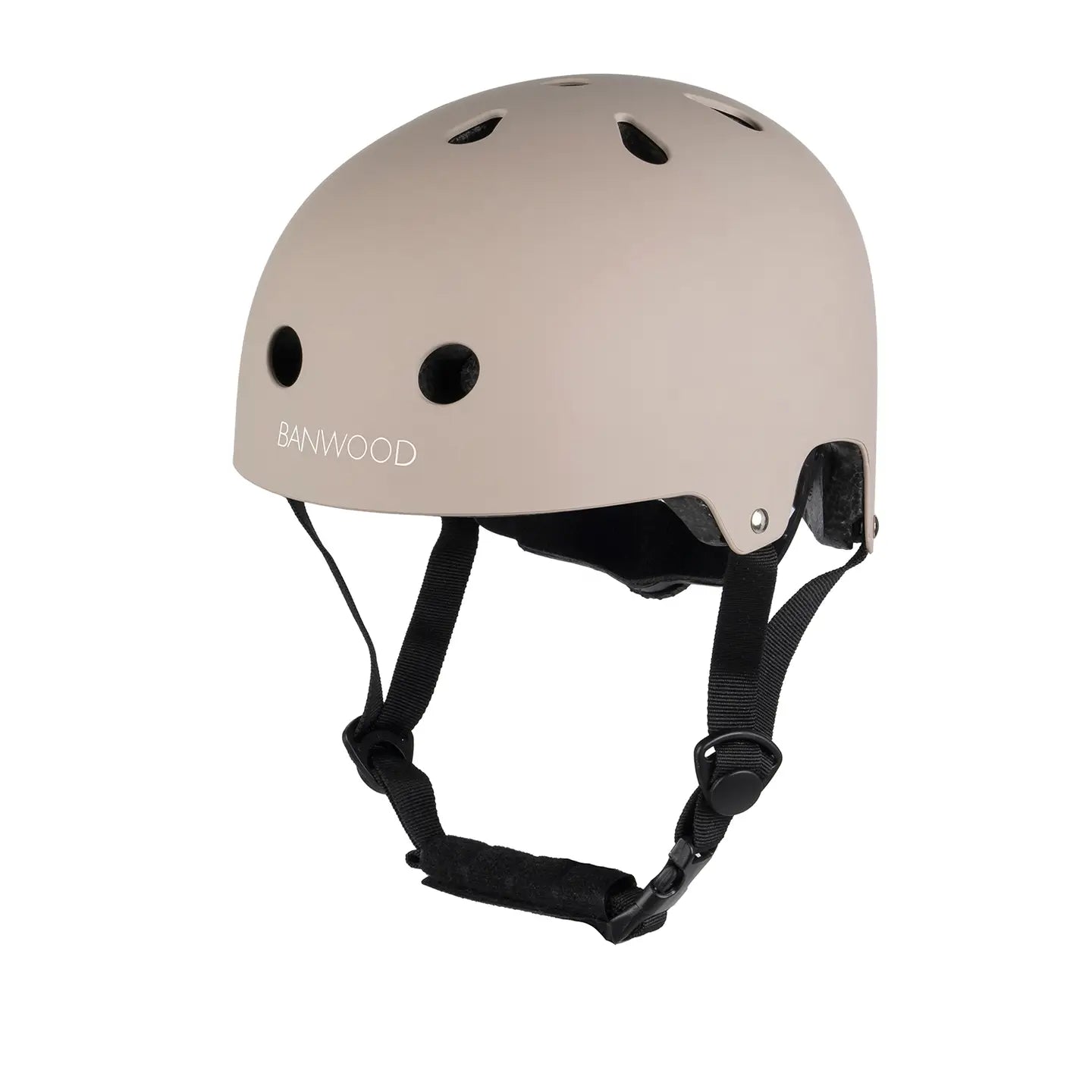 Beige adjustable bike helmet with black straps on a white background, featuring the brand 'Banwood'.