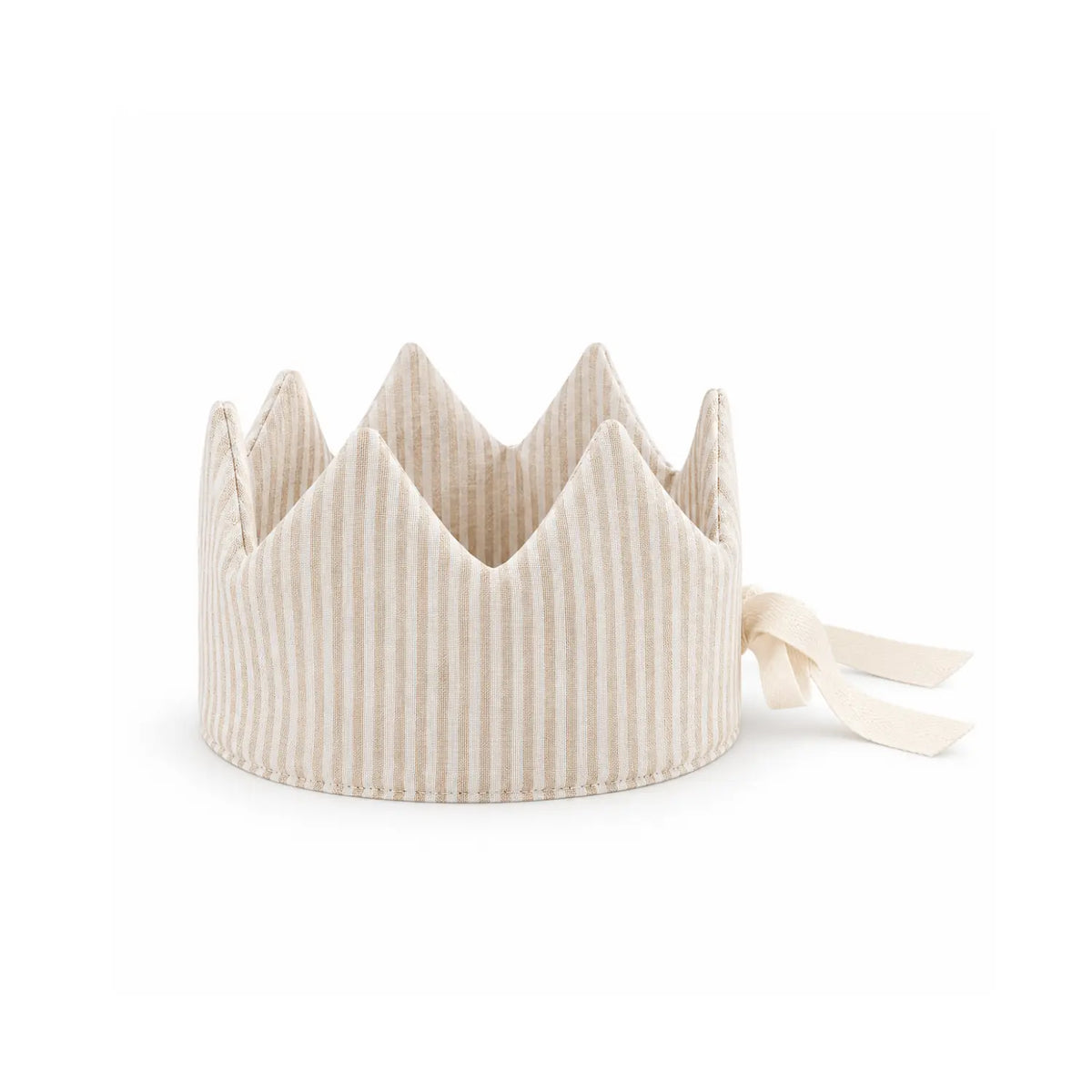 Beige striped linen dress-up crown for children on a white background