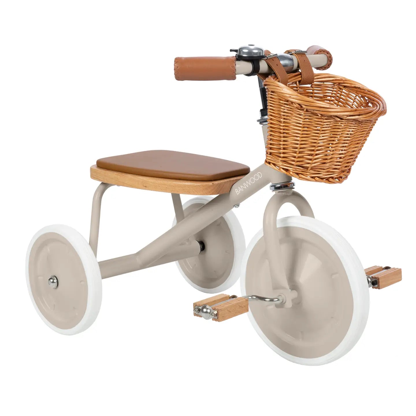 Children's tricycle with wooden seat and wicker basket on a white background