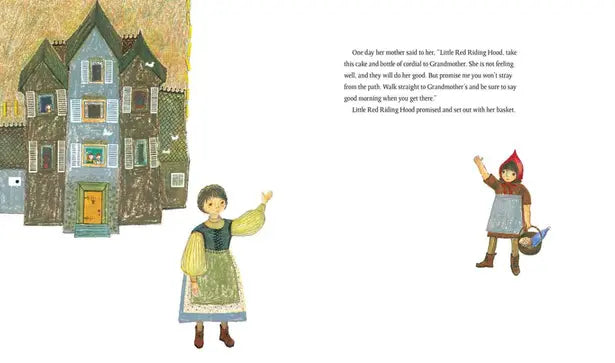 Illustration from a children's book featuring a house, a girl, and a girl in red riding hood with text.