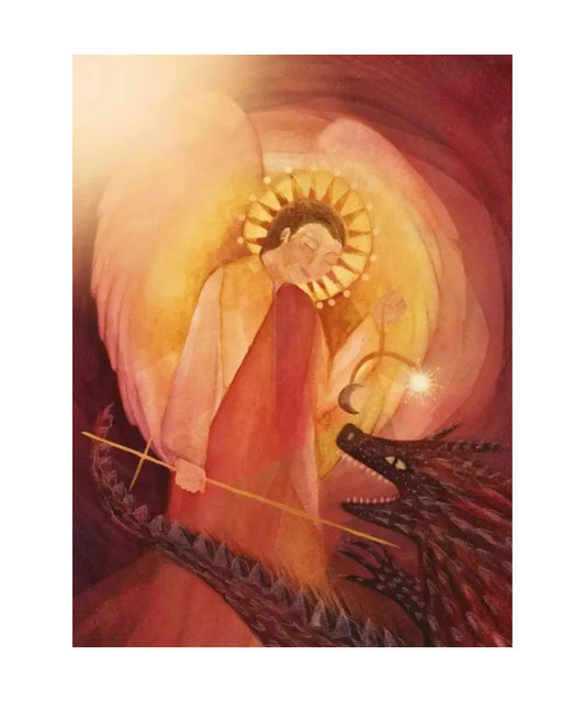Bijdehansje Saint Michael and the Dragon postcard with Michael facing the dragon in warm red and gold tones