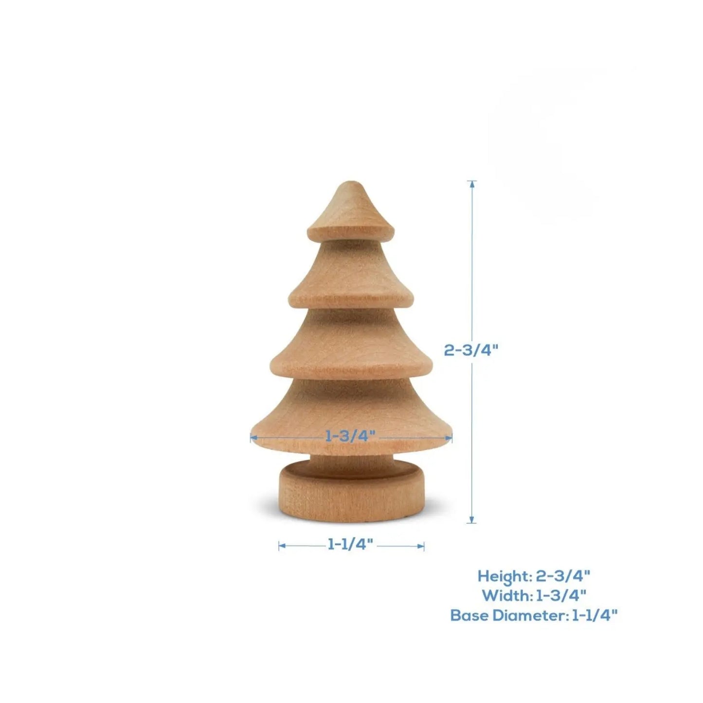 Unfinished birch wooden pine tree craft blank showing dimensions.