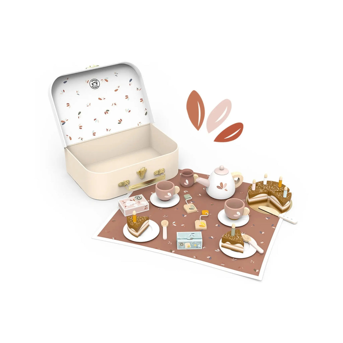 Wooden pretend tea party set  and storage case with sliced chocolate birthday cake, candles, pink teacups, teapot, and play tea accessories
